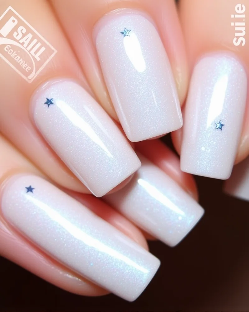 Short, natural nails with a pearlescent white 'glazed' finish and subtle blue star accents.