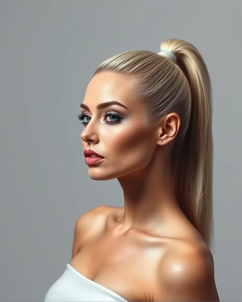A stylish woman with a high, sleek ponytail featuring curled ends, captured with professional studio lighting for an editorial look.