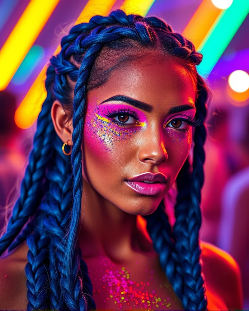 Model with braids and dramatic festival-inspired firework makeup.