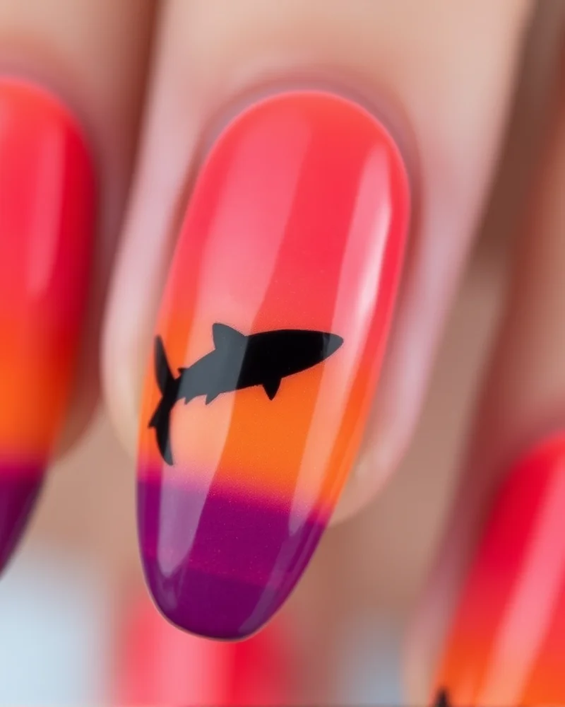 Shark Week Nails: 7 Fierce Designs to Make a Splash This Season 7 Sunset gradient nails with shark silhouette art.