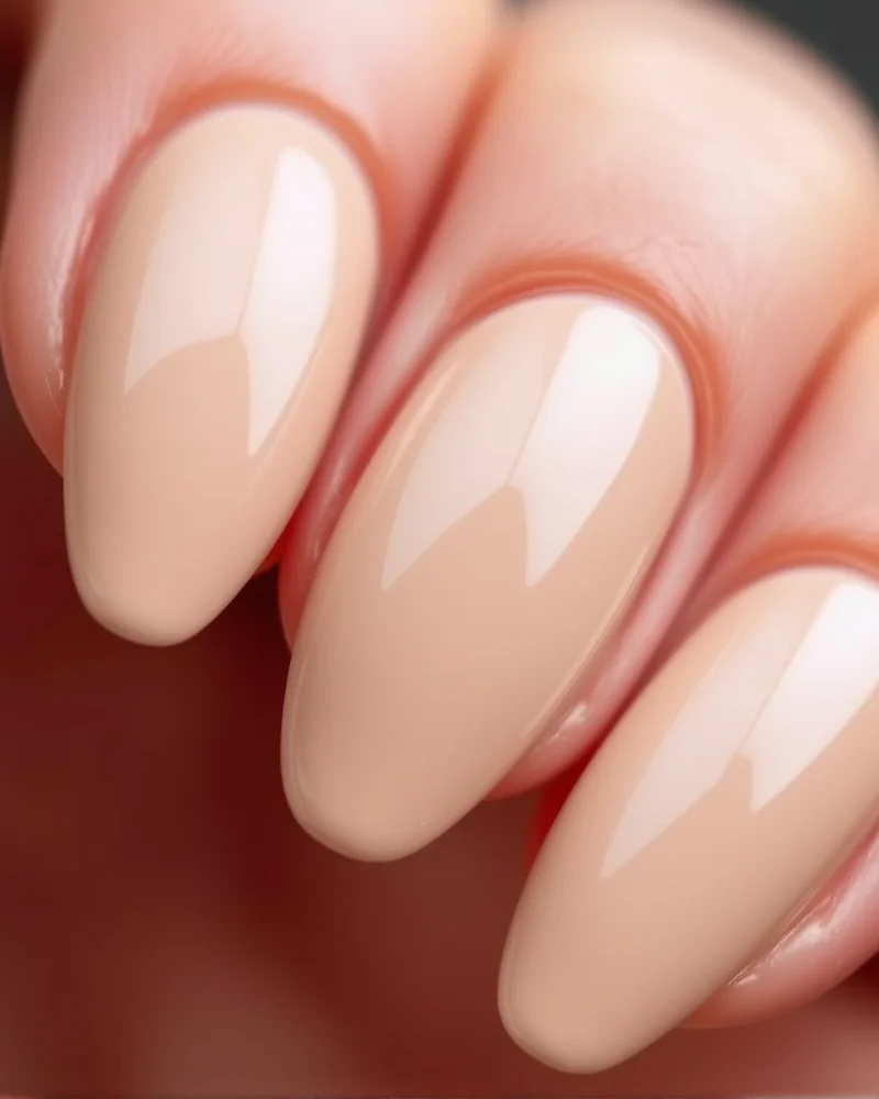 10 Flawless Senior Picture Nails to Elevate Your Graduation Look 7 Solid nude glossy manicure on almond-shaped nails for a timeless look.
