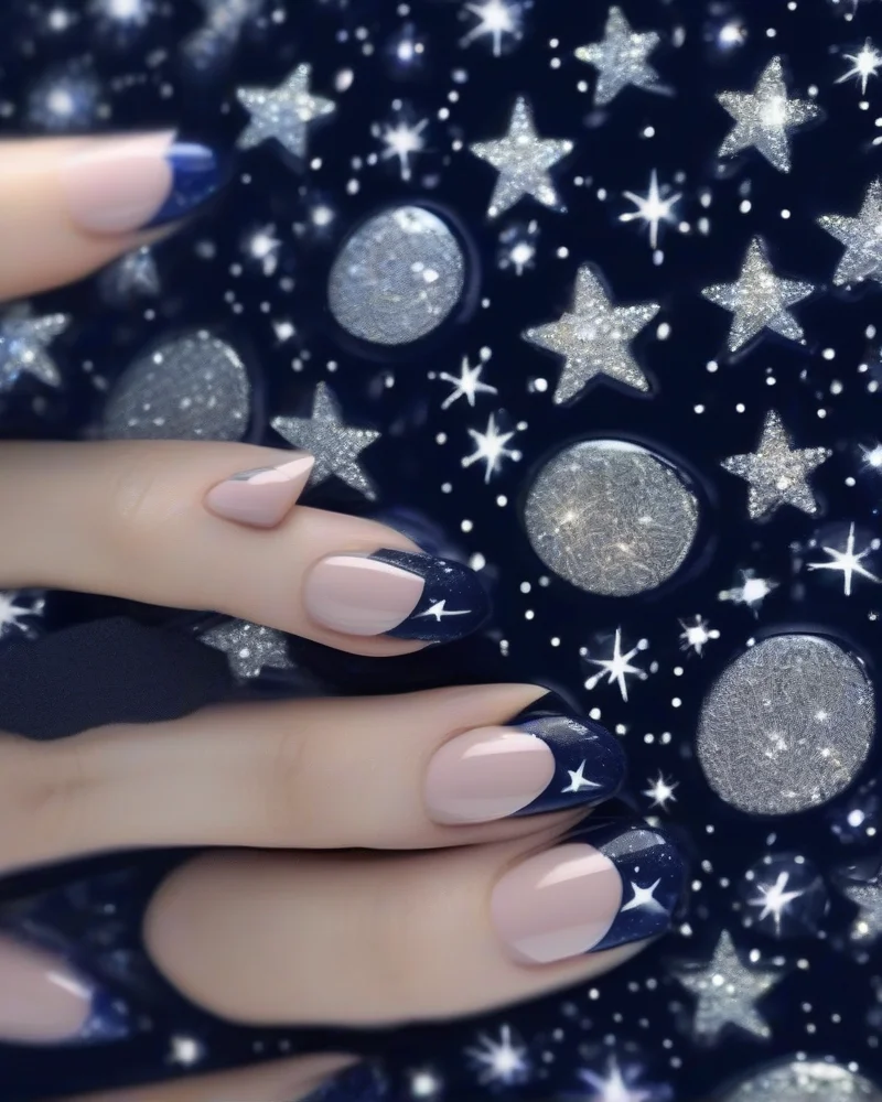 Back to School Nails: 7 Chic Manicures for a Stylish Semester 7 Almond nails featuring hand-painted celestial art, capturing a dreamy back to school aesthetic.