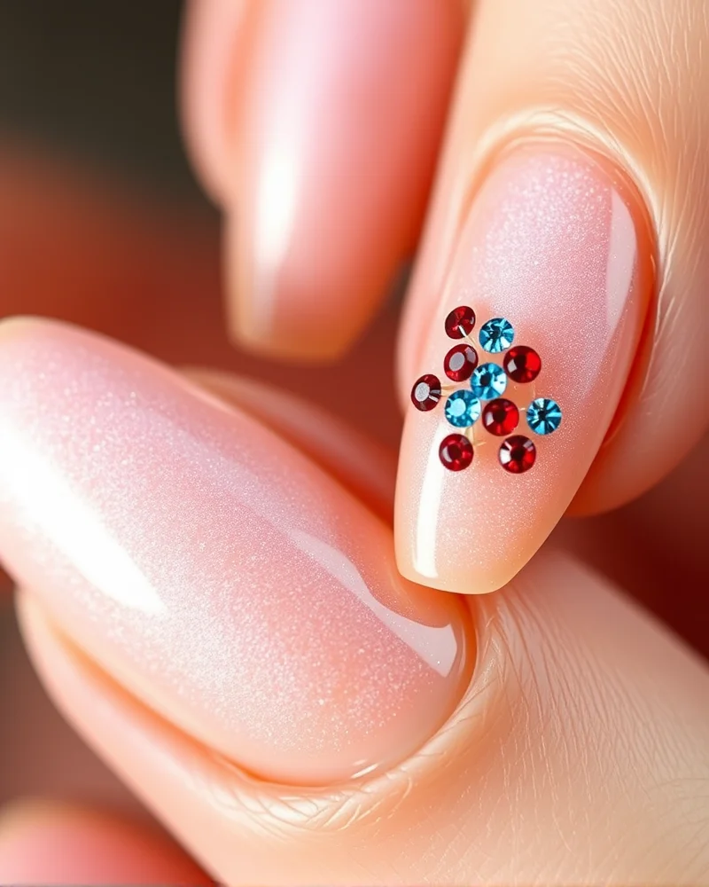 Almond-shaped nails with a shimmery pearlescent glazed finish, featuring an accent nail with red and blue rhinestones.