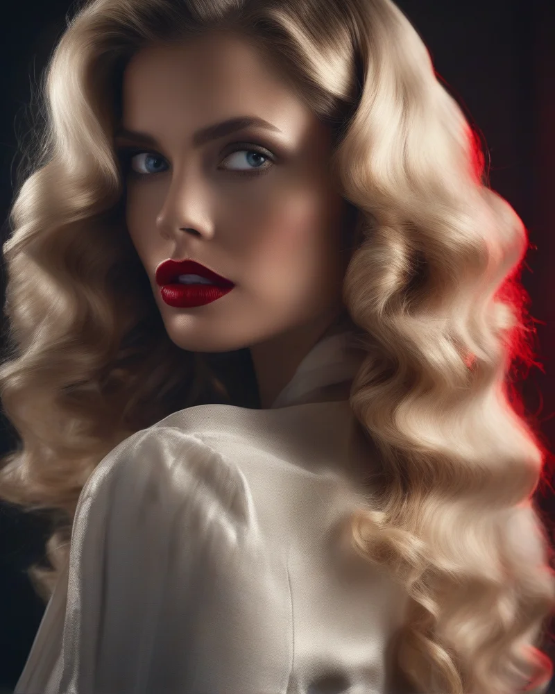 Woman with voluminous waves and a bold red lip look.