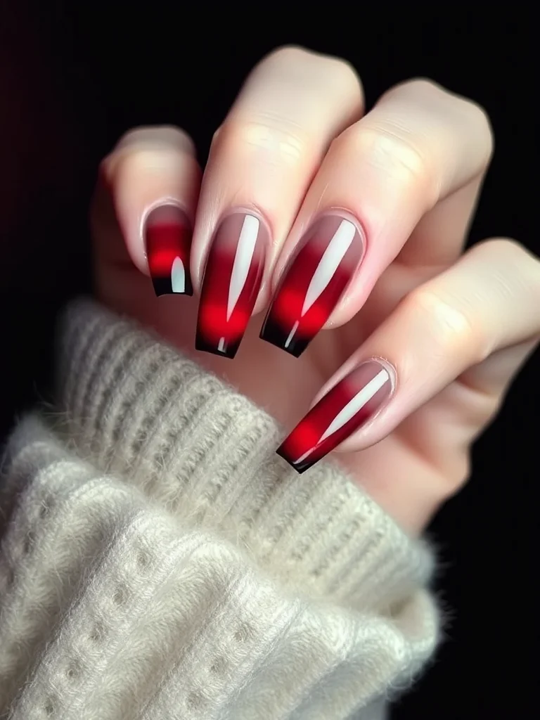 Vampire-style gradient French tips on almond-shaped nails.