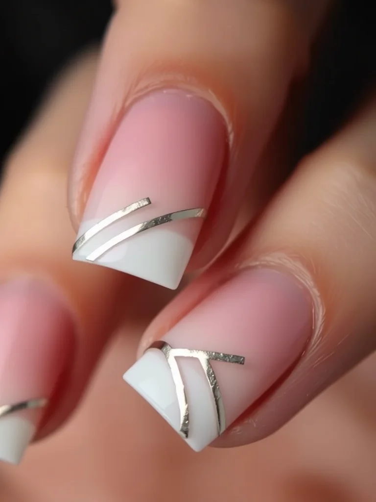 Striped Nails: 7 Chic Designs You Need to Try for Your Next Manicure 7 Square nails with a French tip and silver stripes.
