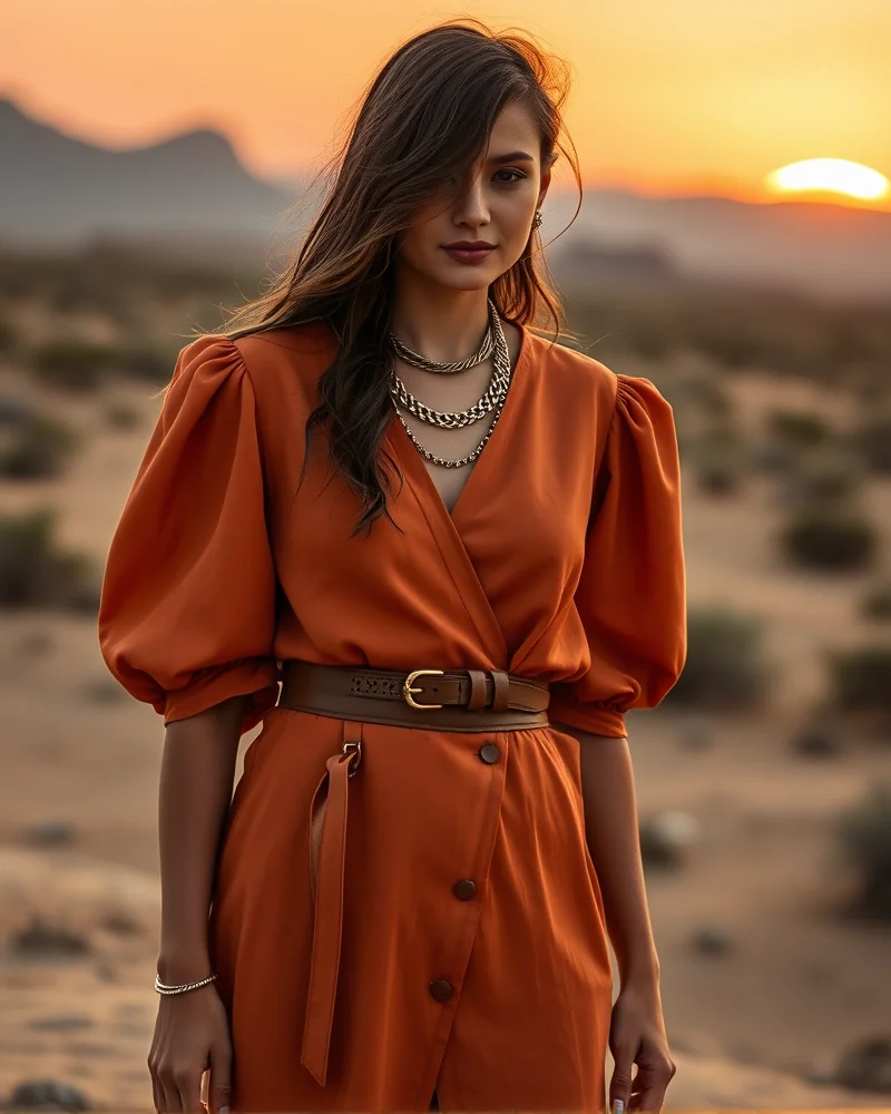 A woman wearing a terracotta wrap dress in a sun-drenched desert setting, demonstrating the beauty of earth-toned wedding fashion.
