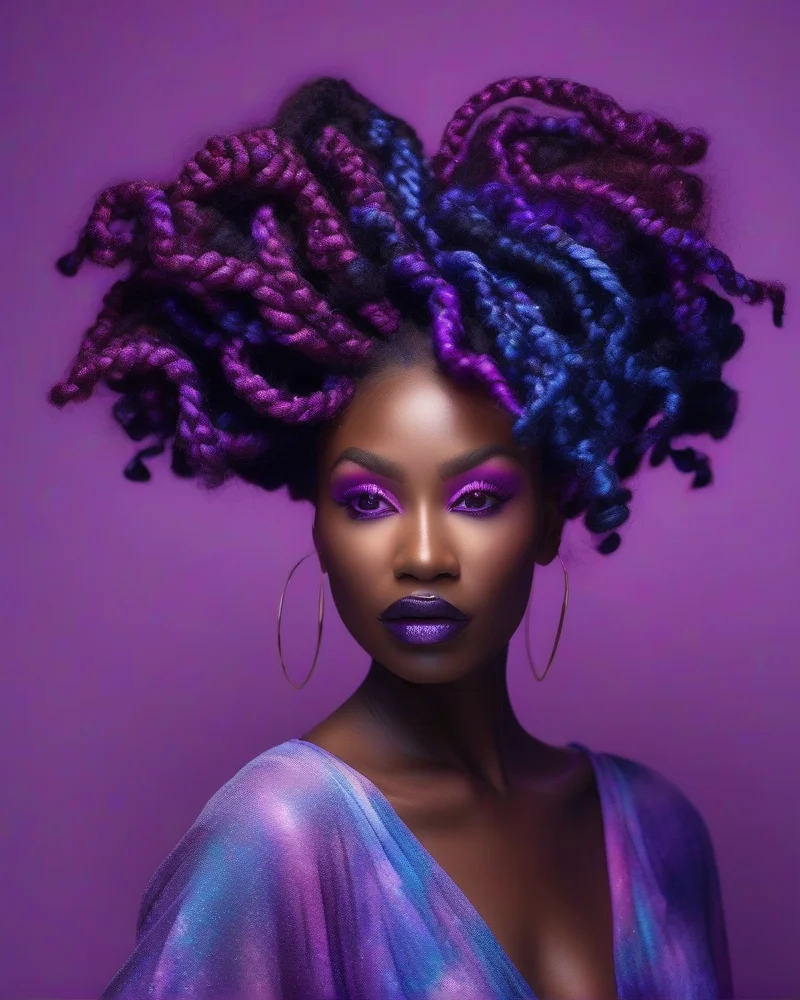Model wearing multi-colored passion twists for a celestial galaxy costume.