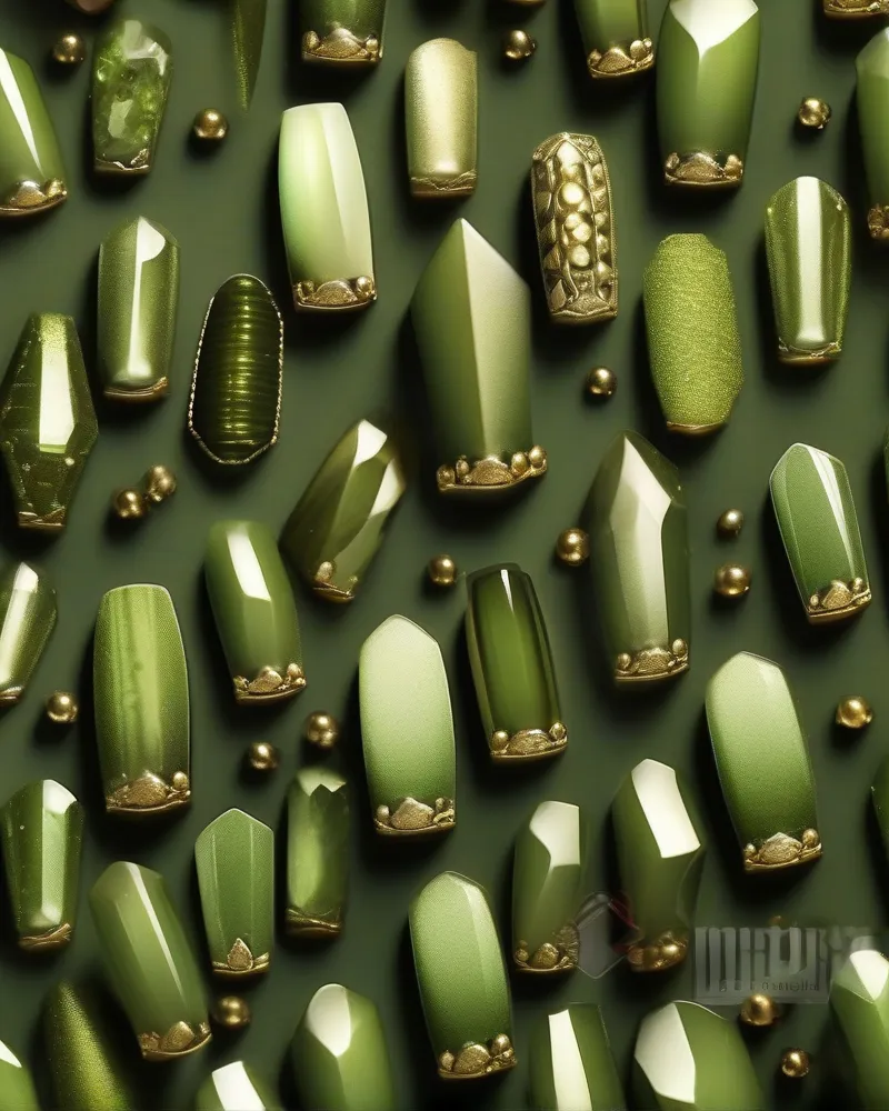Peridot Nails: The Vibrant Green Trend Defining Luxury Manicures 7 Matte peridot green coffin nails with gold stud accents.