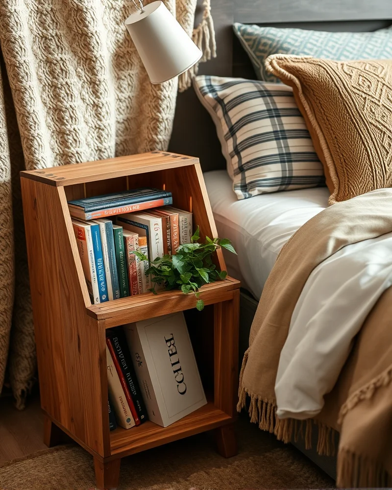 A rustic wooden crate repurposed as a charming, eco-friendly dorm nightstand.