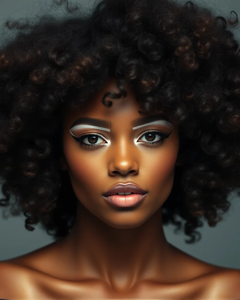 7 Viral 4th of July Makeup Looks That Will Stop the Show 7 An editorial portrait featuring a person with voluminous curls and creative, bold white graphic eyeliner strokes.