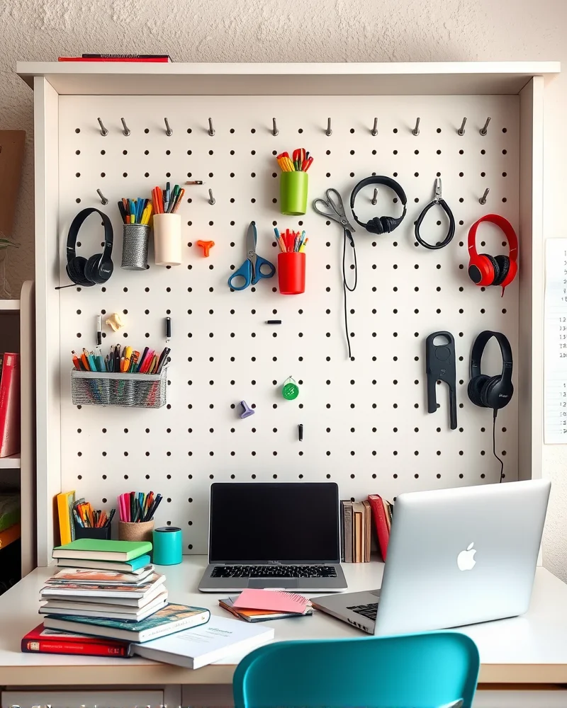A white pegboard wall organizer installed above a desk, holding various school supplies and headphones in a modern dorm.