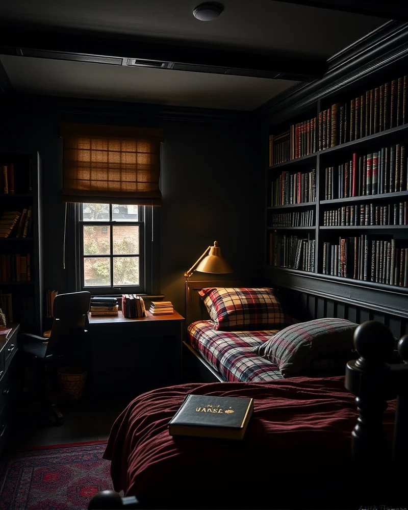A moody, sophisticated dorm room featuring dark wood, gold accents, and academic-themed decor for a Dark Academia vibe.