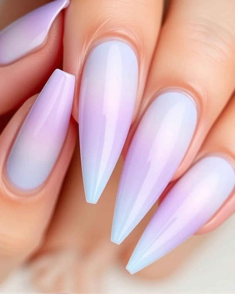 7 July Nails Trends That Will Make Your Summer Manicure Pop 7 Stiletto-shaped nails showing a soft, seamless pastel ombré gradient from lavender to baby blue.