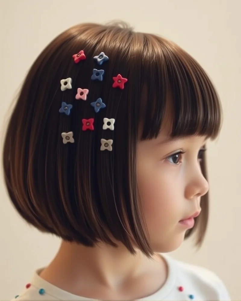 7 Patriotic 4th of July Hairstyles for Kids That Will Steal the Show 8 A young girl with a stylish bob haircut, featuring a collection of patriotic-colored snap clips styled neatly on the side of her hair.