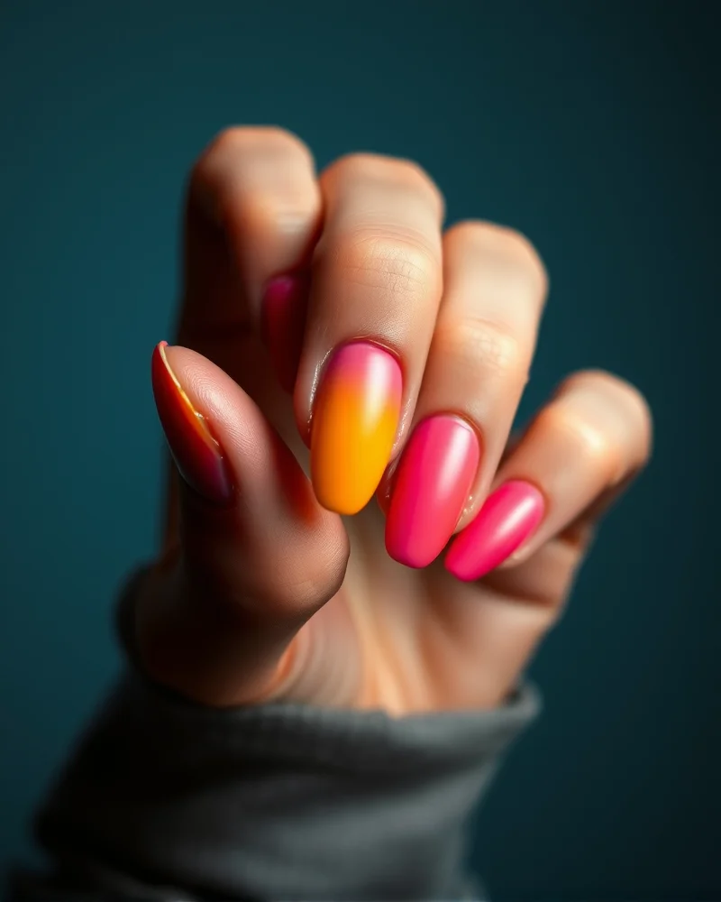 7 Viral July Nails 2026 Trends You Need to Try Before August 8 Macro shot of almond-shaped nails showcasing a smooth sunset-themed color gradient transitioning from yellow to pink with a modern matte finish.