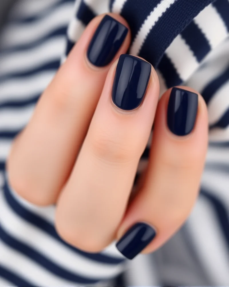 7 Viral July Nail Colors That Are Defining This Summer’s Aesthetic 8 Short square nails in a deep, classic navy blue, held against a striped nautical-themed fabric.