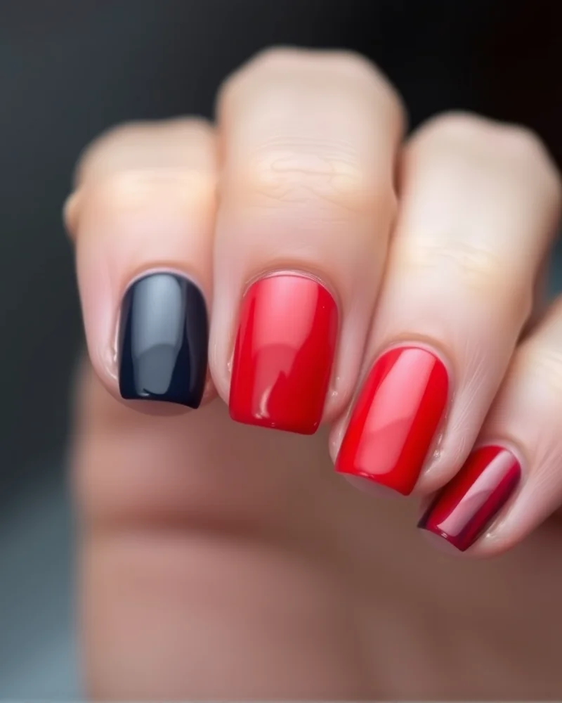 7 Viral 4th of July Simple Nails Designs You Need to Try This Summer 8 Short, square nails with alternating navy blue and red polish, with one white accent nail, showcasing a clean, bold look.