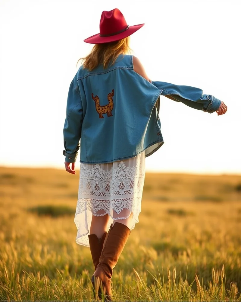 7 Viral Western 4th of July Outfit Ideas for a Stunning Americana Aesthetic 8 A woman wears a lace slip dress layered with an oversized denim shirt and a hat, standing in a sunlit meadow during golden hour.