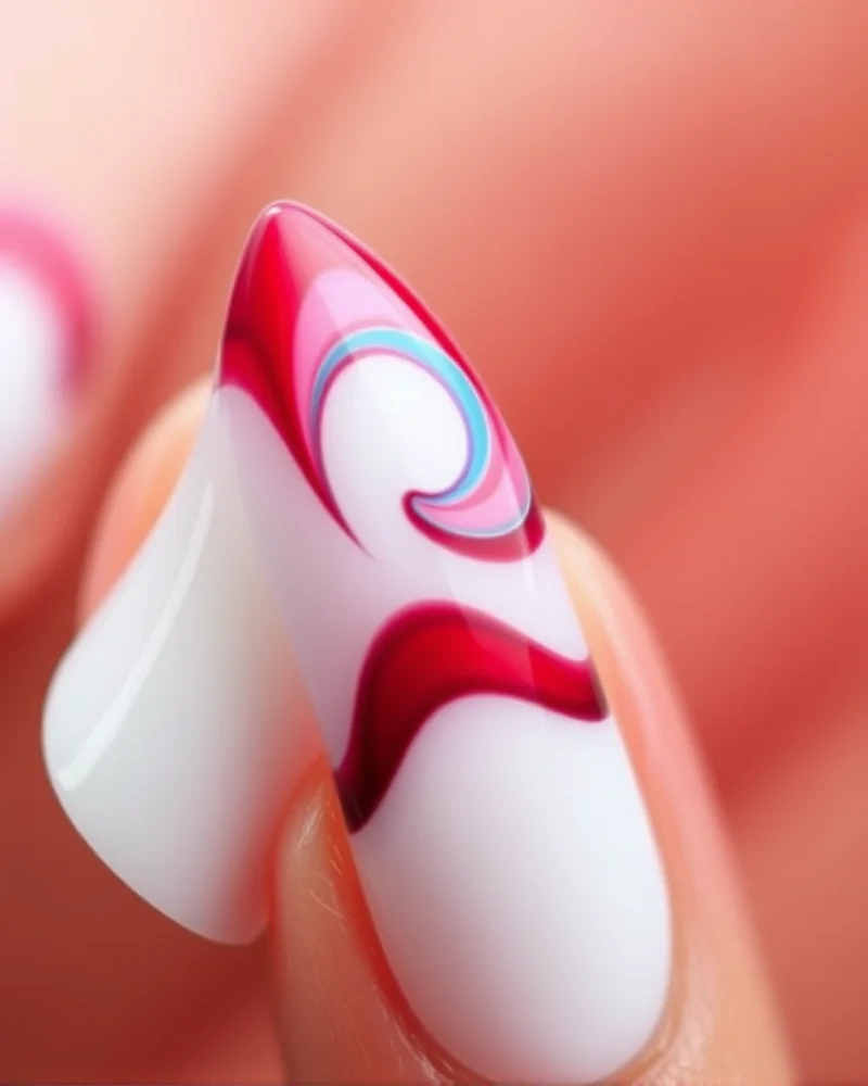 7 Viral 4th of July Nails Blooming Gel Designs You Need to Try 8 Almond-shaped nails featuring a creative French tip design where red and blue blooming gel replaces the traditional white tip.