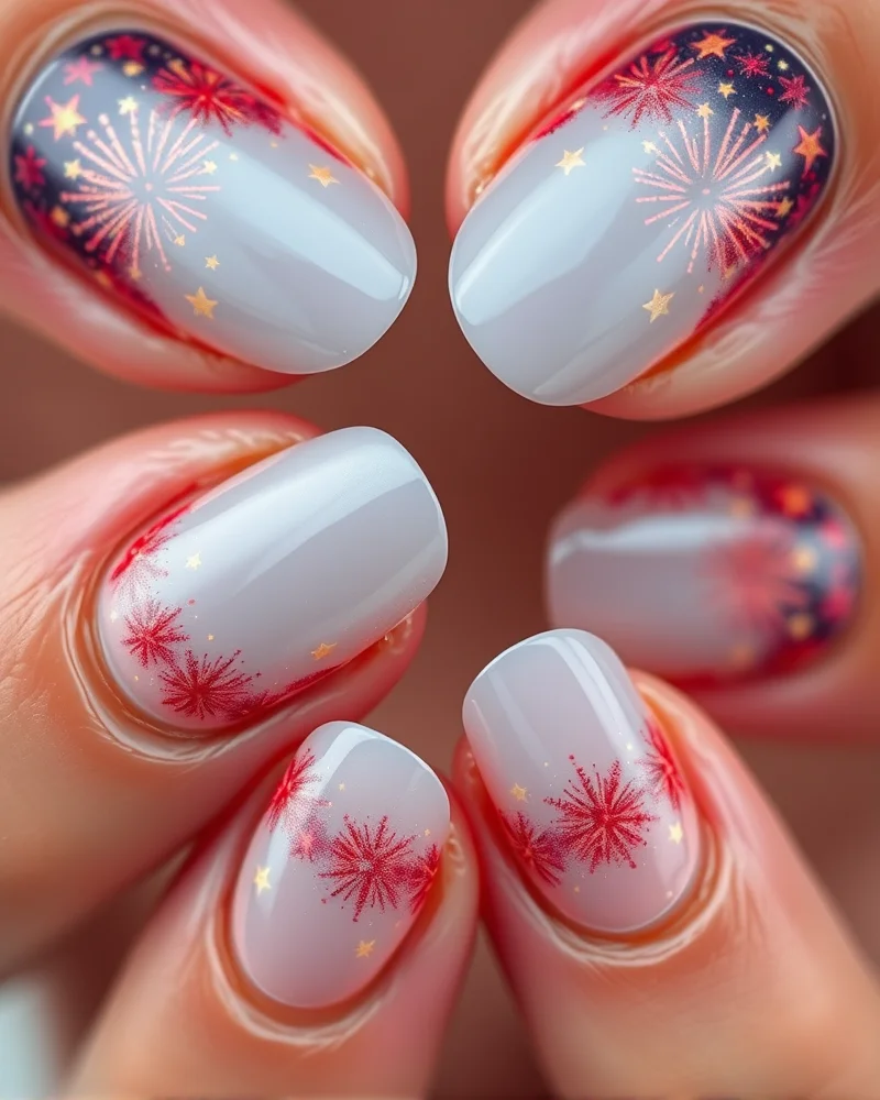 7 Viral Firework Nail Designs That Will Ignite Your Manicure Game 8 Oval-shaped nails featuring a minimalist firework design painted only around the nail edges, utilizing negative space in the center.