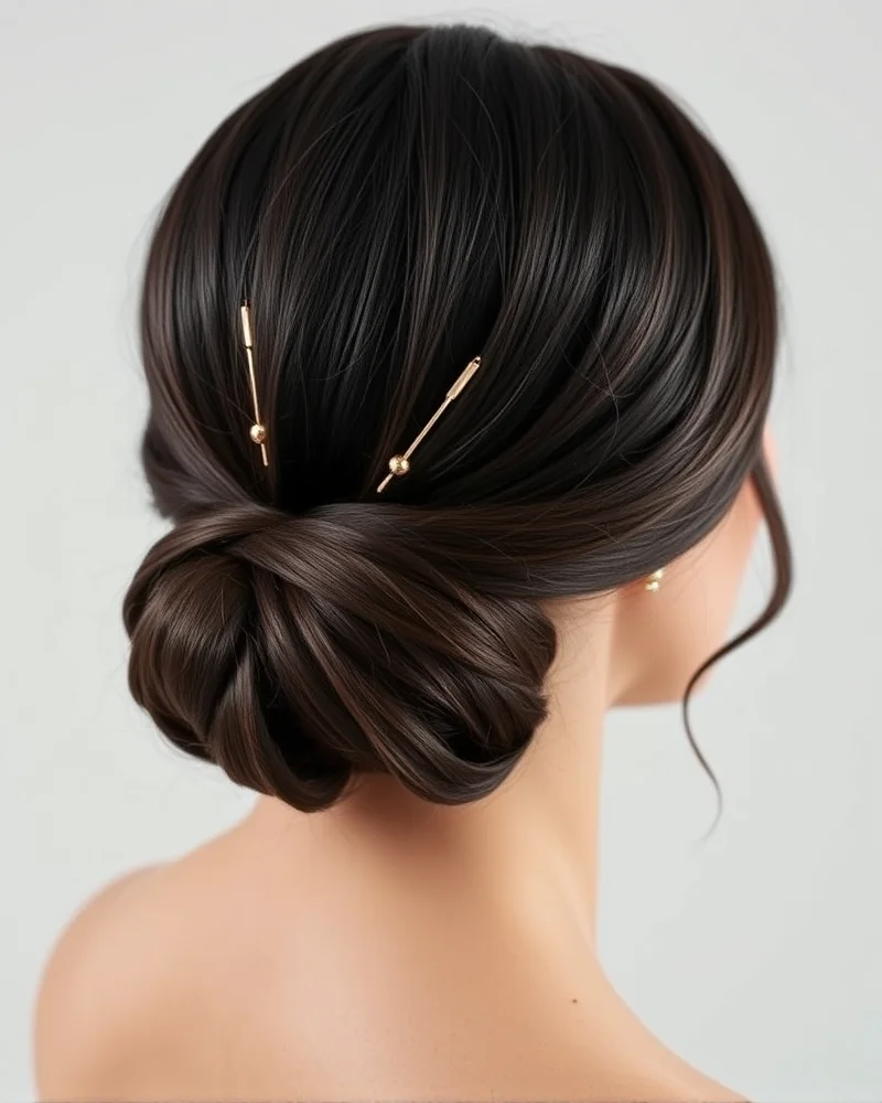 A sleek, elegant low chignon hairstyle with decorative gold pins for an elevated appearance.