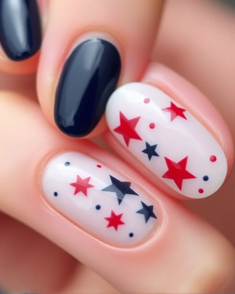 Short, squoval nails decorated with tiny, hand-painted navy and red stars against a sheer white background.