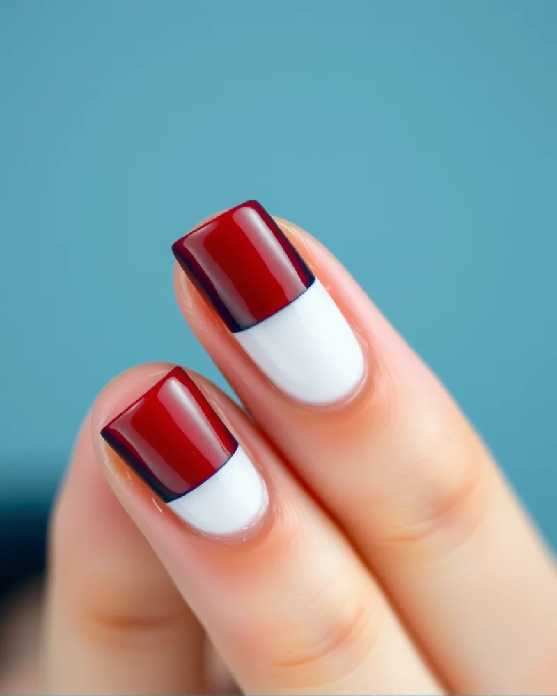 10 Chic Ways to Wear Red White and Blue Nails for Any Occasion 8 Short square nails featuring a solid color-blocked manicure with alternating blocks of red, white, and navy blue.