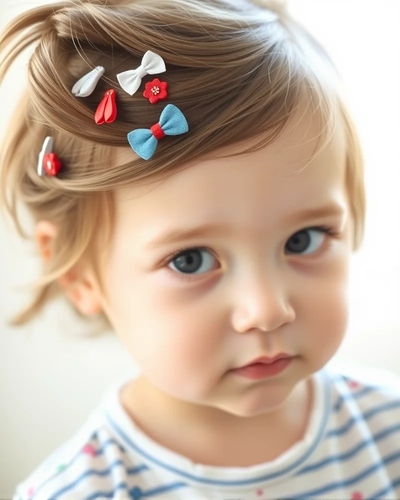 7 Viral 4th of July Toddler Hair Ideas That Stay Put All Day 8 A toddler with hair neatly swept to one side using a collection of patriotic hair clips.