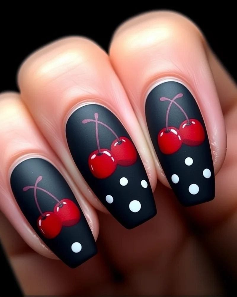 Coffin-shaped nails featuring a matte navy blue finish with hand-painted red cherry and white polka dot patterns.