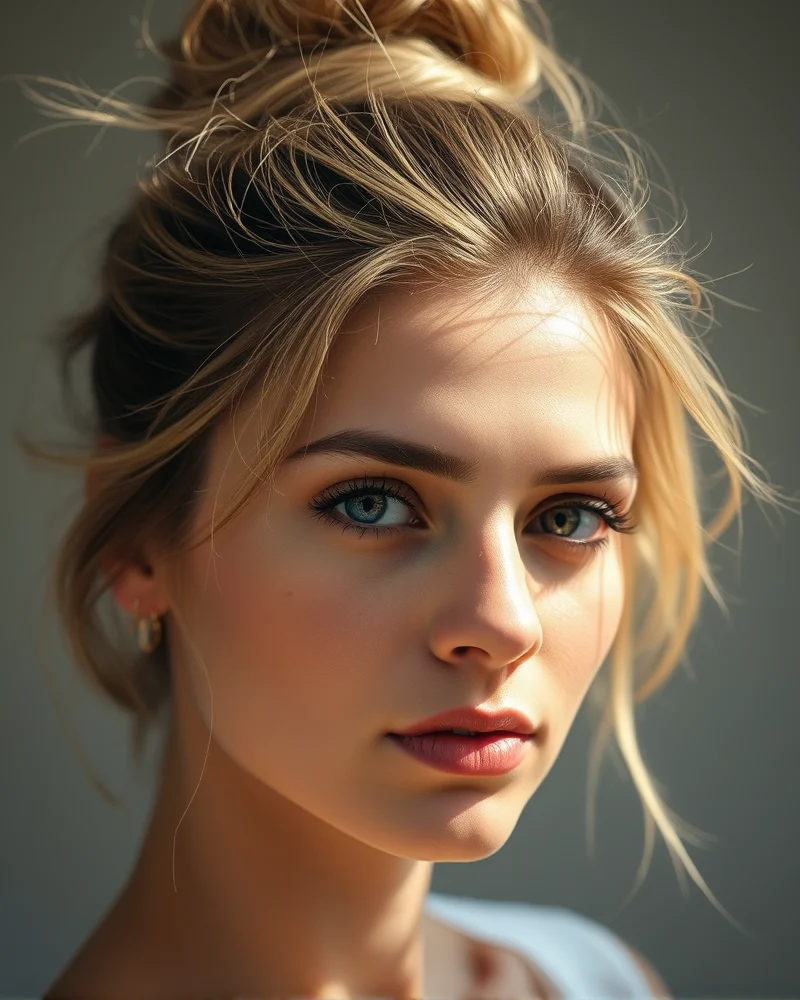 A close-up shot of an artfully messy, high-positioned bun with loose strands framing the face, showcasing a relaxed summer look.