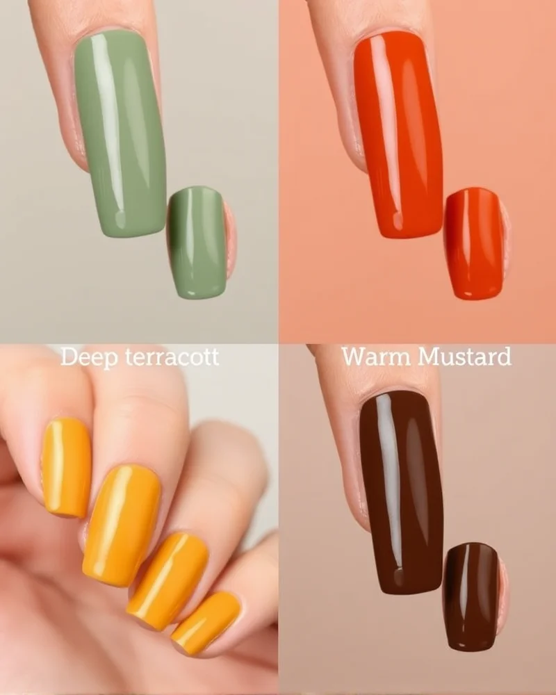 A 2x2 comparison grid showing four different earthy nail polish shades: sage green, terracotta, mustard yellow, and espresso brown on square-shaped nails.