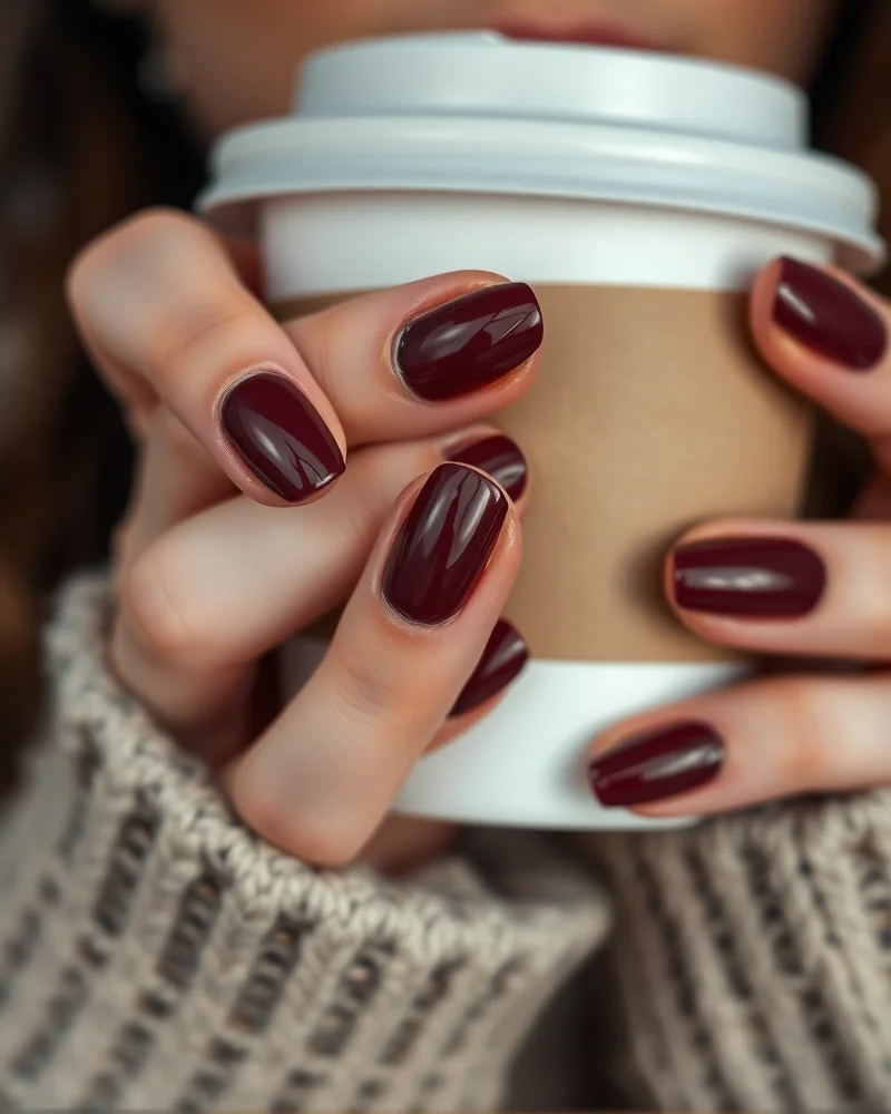 Oval nails painted in a deep, classic burgundy red shade.