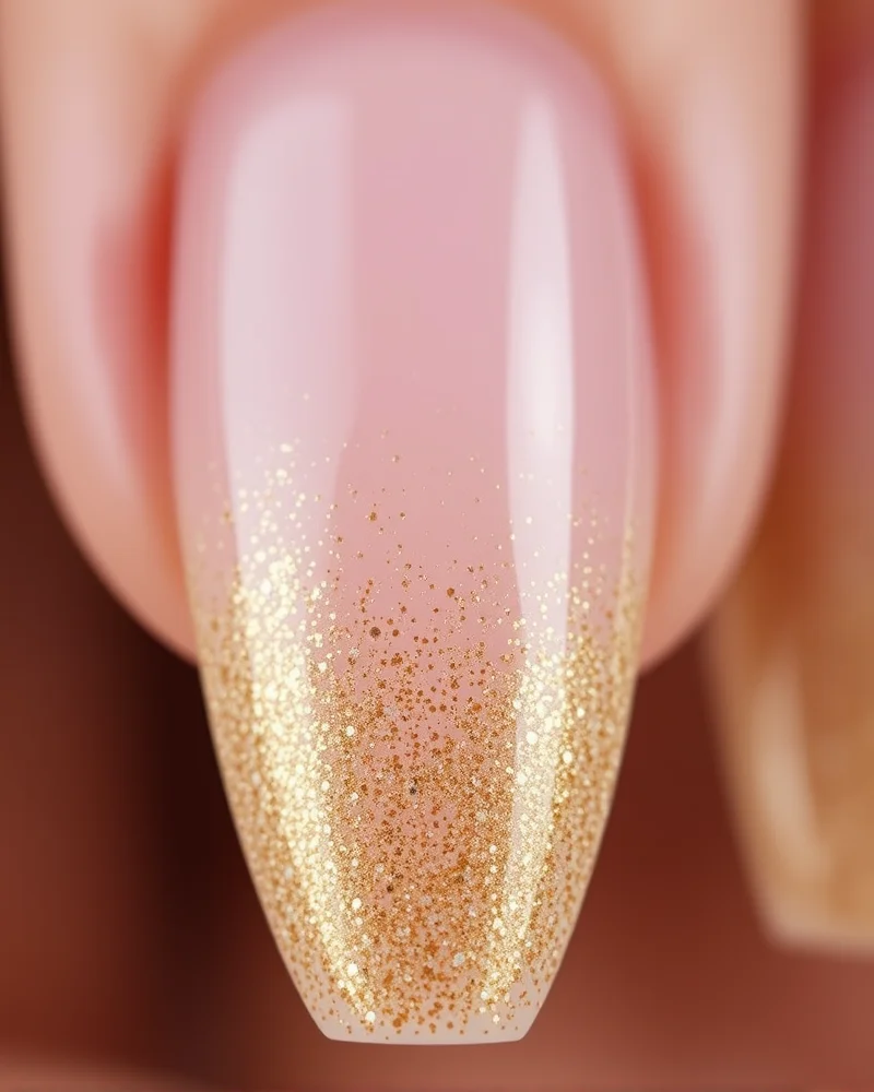 Classic gold glitter ombré almond nails.