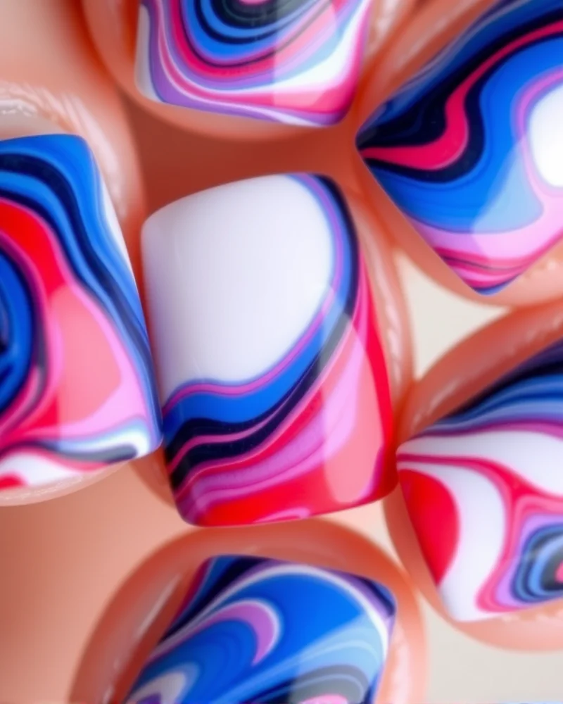 Square nails featuring a luxurious red, white, and blue marble swirled design that resembles silk.