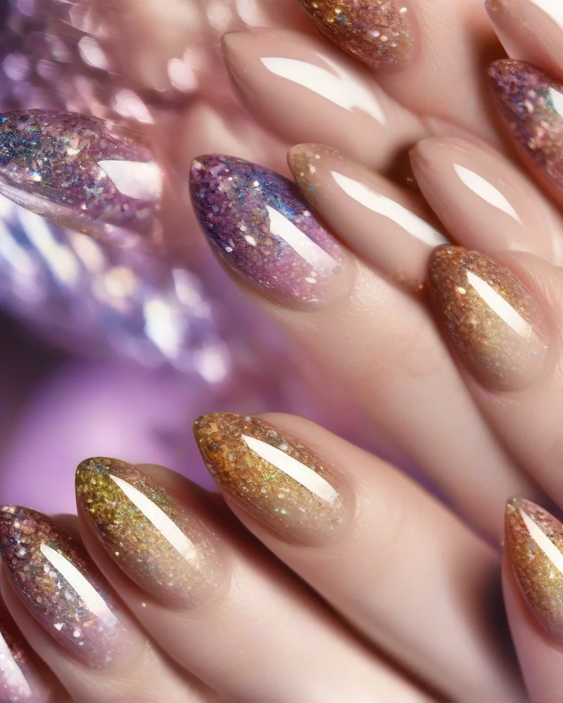 Almond nails featuring a soft nude base fading into chunky holographic glitter.