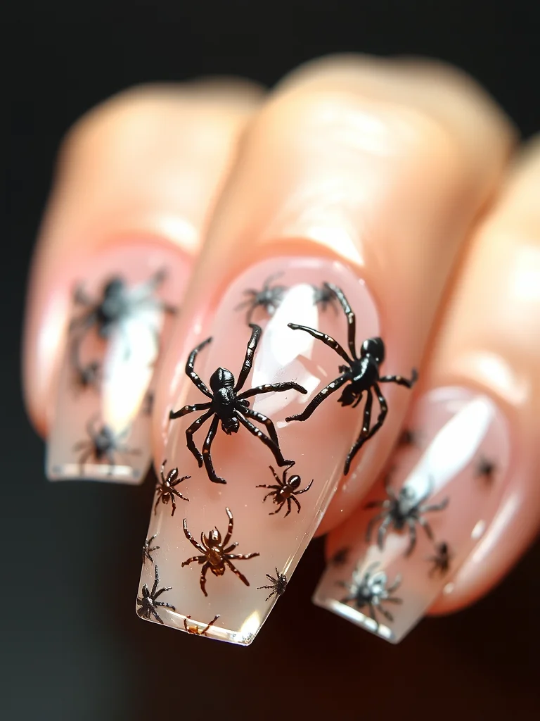 Clear gel nails with encapsulated spiders for a 3D effect.