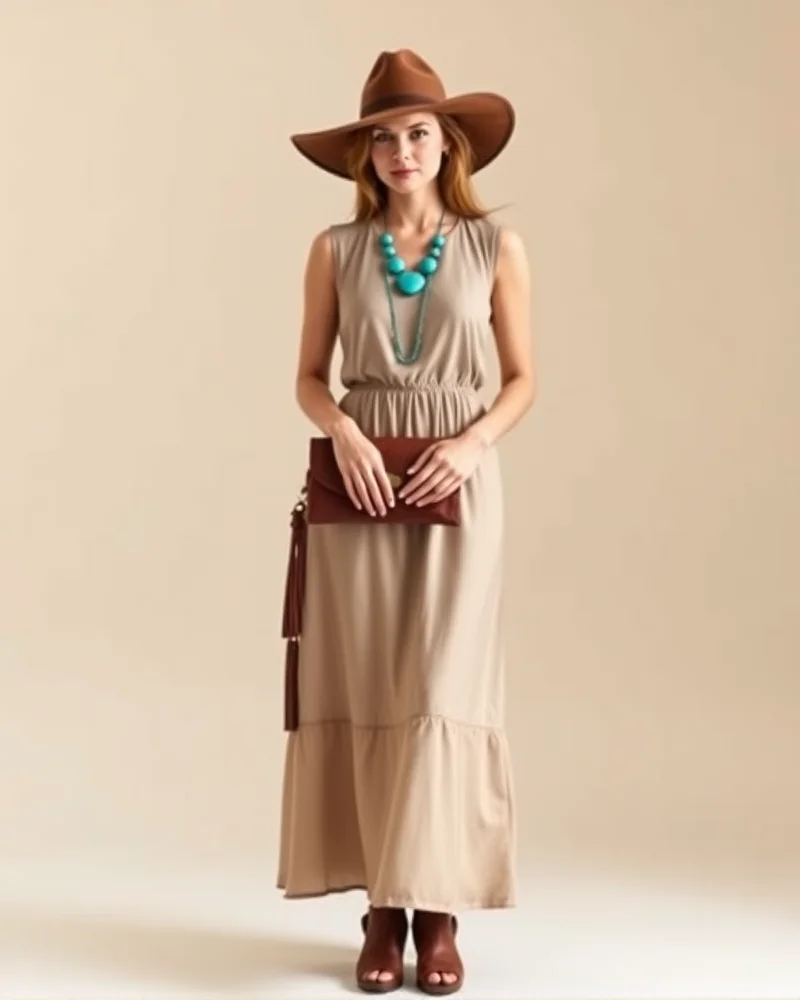 A woman in a simple silk dress styled with a statement turquoise necklace and a felt hat, demonstrating how accessories define a western theme.