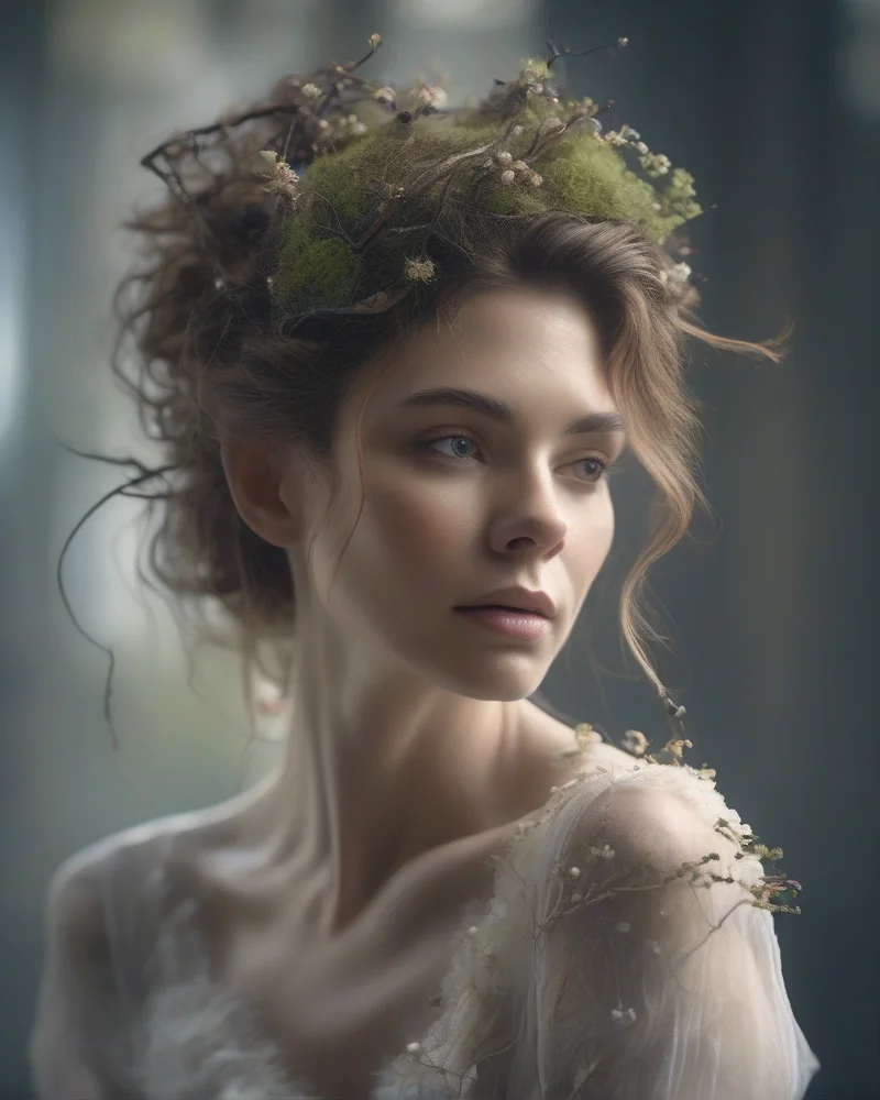 Model wearing a dark fairy-inspired updo with botanical accessories.