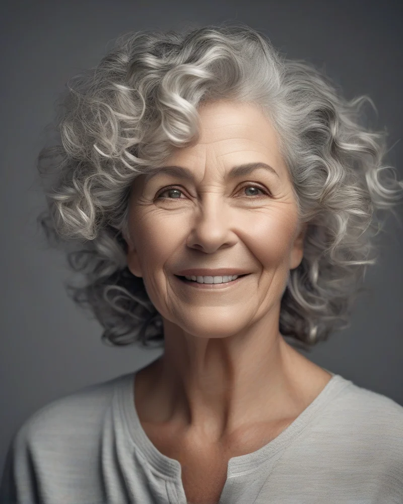 10 Timeless and Chic Senior Hairstyles for a Sophisticated Look 8 Defined, curly silver hair on a radiant mature woman.