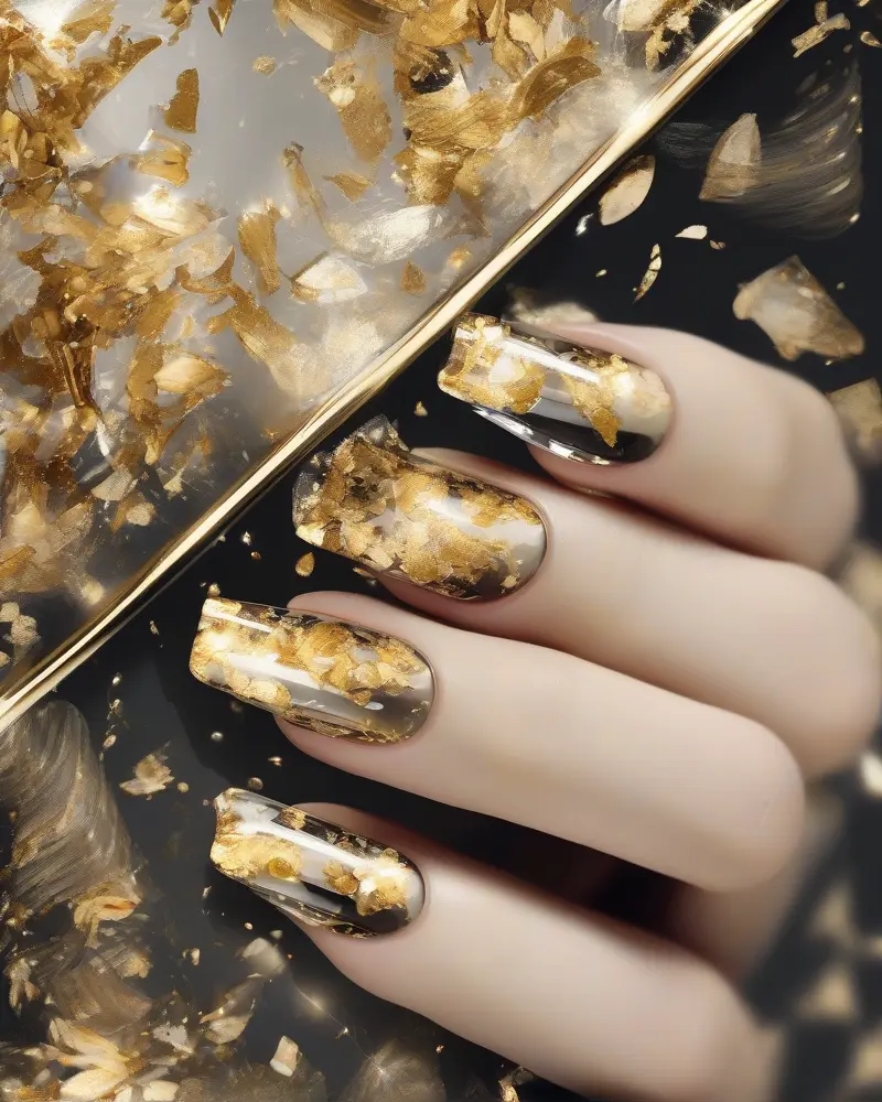 Gold leaf accent nail design for school