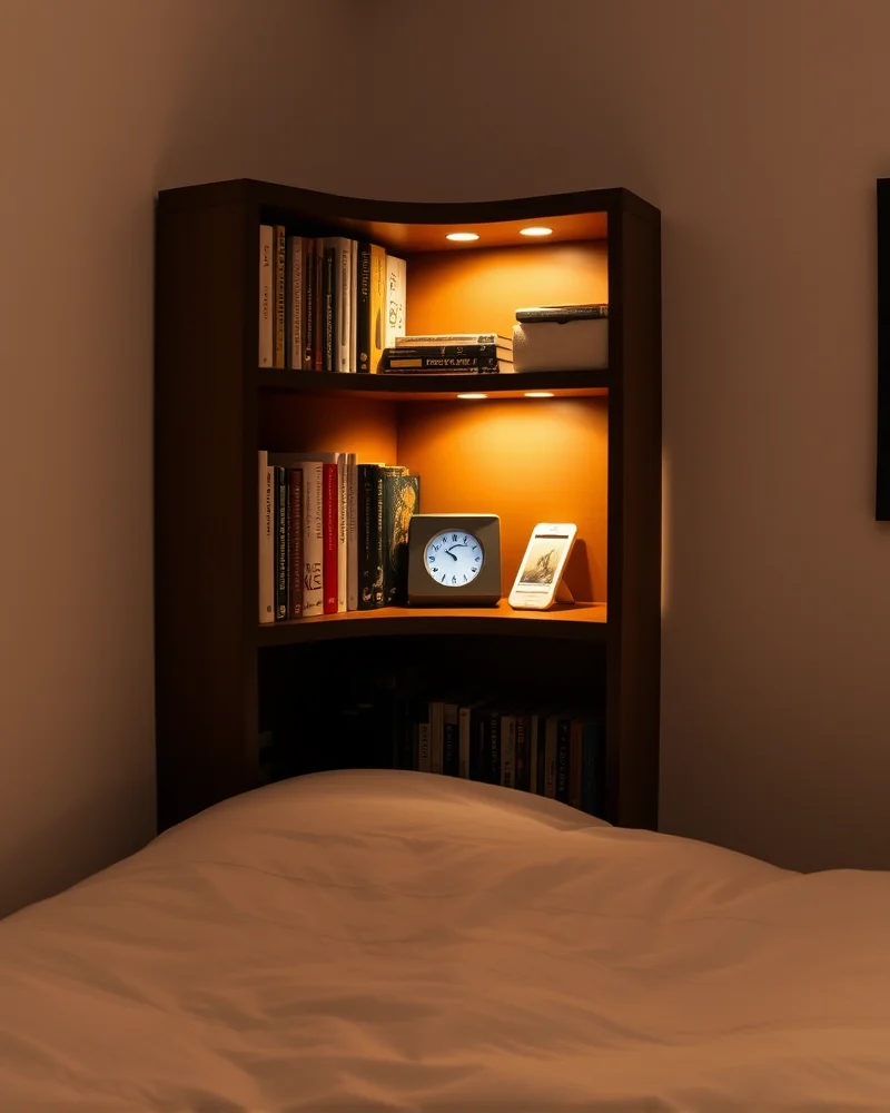 A multi-tiered corner shelf serving as a space-saving nightstand in a dorm room.