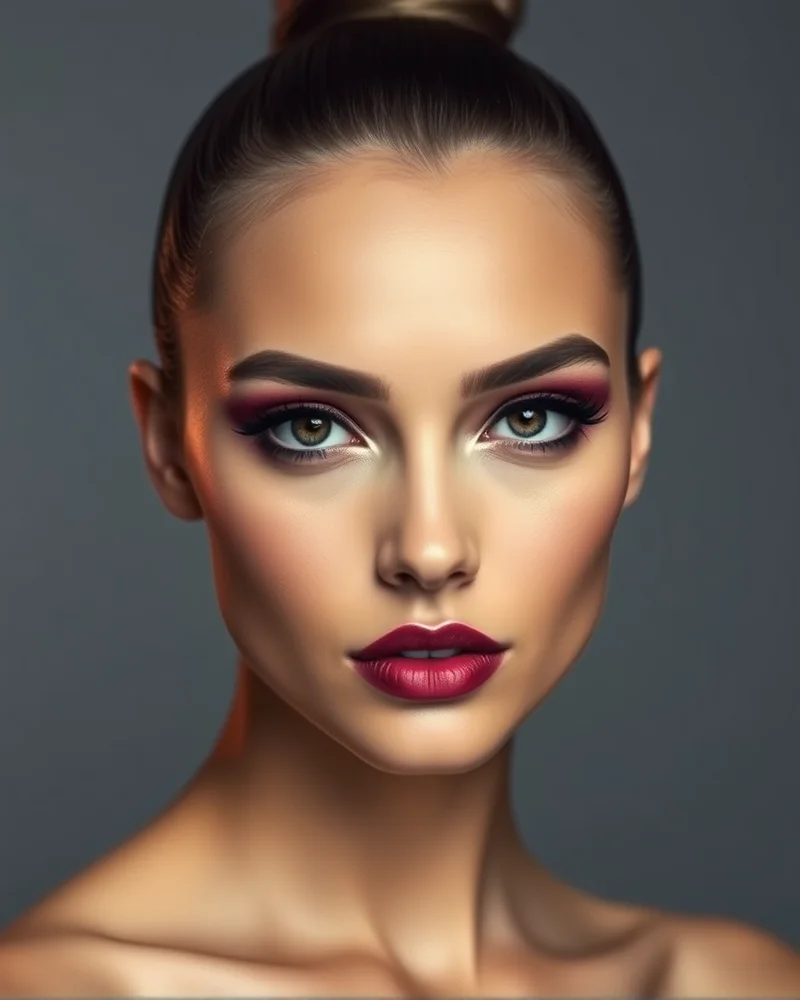 7 Viral 4th of July Makeup Looks That Will Stop the Show 8 A stunning editorial portrait featuring a person with a sleek high bun and a monochromatic berry makeup look, including eyeshadow and lipstick.