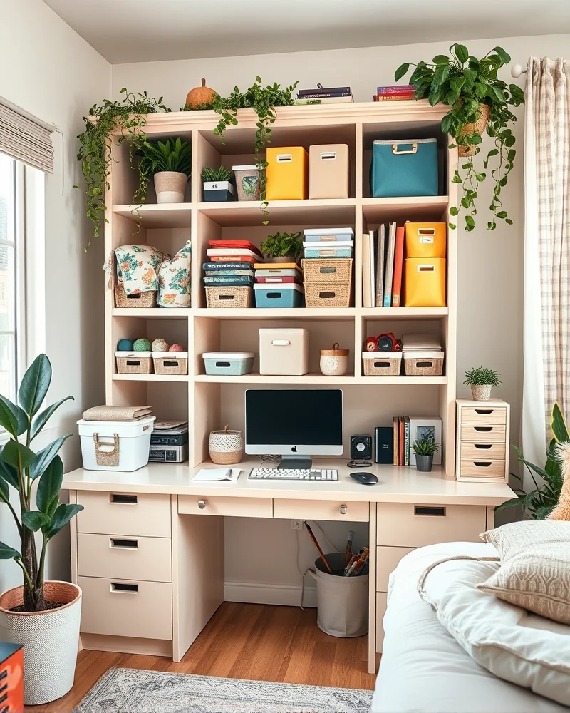An extremely organized, color-coded dorm desk hutch with labeled bins and decorative plants in a bright room.
