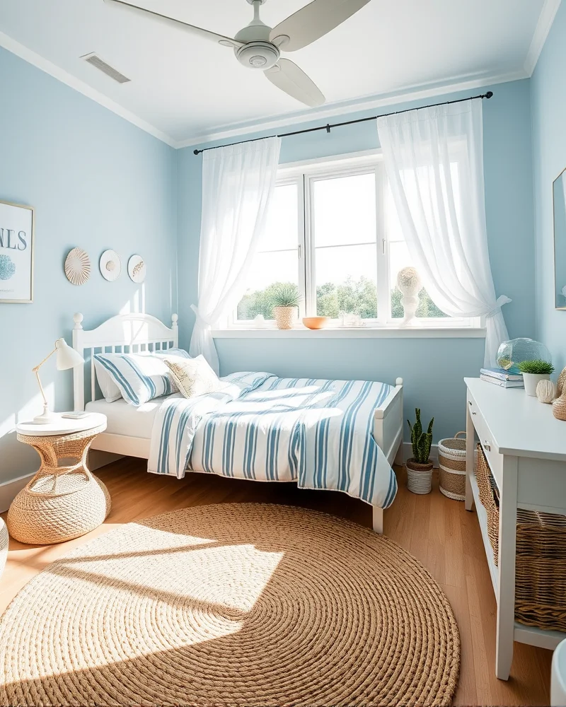 A light and breezy coastal-themed dorm room with blue and white stripes, airy curtains, and a clean, relaxed beach house feel.