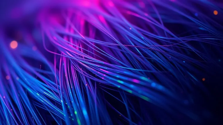 Close up of iridescent bio-adaptive hair strands showing color shift technology.