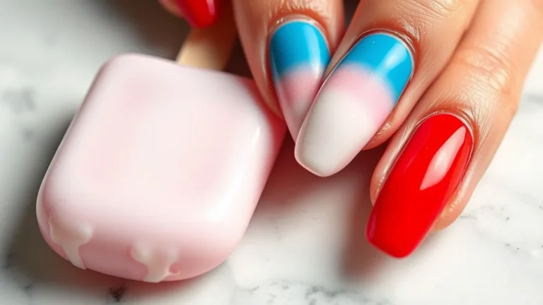 7 Viral Bomb Pop 4th Nails: The Ultimate Retro-Cool Manicure Trend 10 Close-up of almond-shaped nails featuring a red, white, and blue bomb pop gradient design, resting near a popsicle on a marble table.