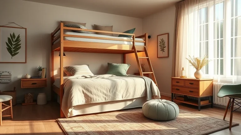 7 Viral Dorm Room Styles That Will Transform Your Tiny Space 3 A beautifully styled dorm room featuring a lofted bed with plush bedding, a decorative gallery wall, and warm ambient sunlight creating an inviting, sophisticated atmosphere.