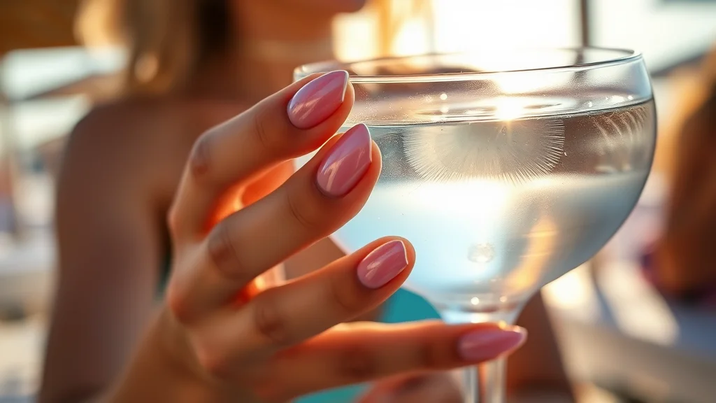 7 Viral July Nails 2026 Trends You Need to Try Before August 1 Close-up of long, almond-shaped nails with a glowing iridescent finish, held elegantly near a crystal glass in a bright, sun-drenched luxury setting.