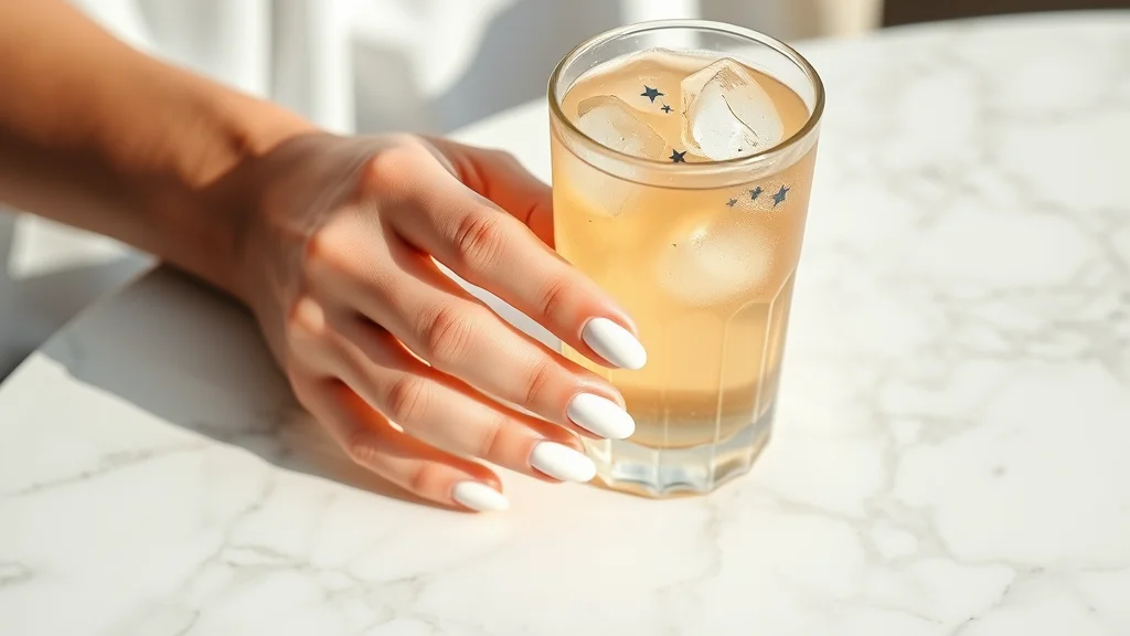 7 Viral 4th of July Simple Nails Designs You Need to Try This Summer 1 Close-up of elegant almond nails featuring white polish and navy blue star accents while holding a glass, set against a luxurious marble background.